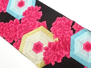 アンティーク　重ね亀甲に牡丹模様織り出し袋帯（着用可）